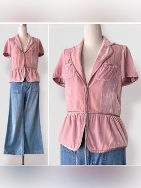 Silk Velvet Peplum Top Banana Republic 12 Pink Coquette Puff Short Sleeves Y2K